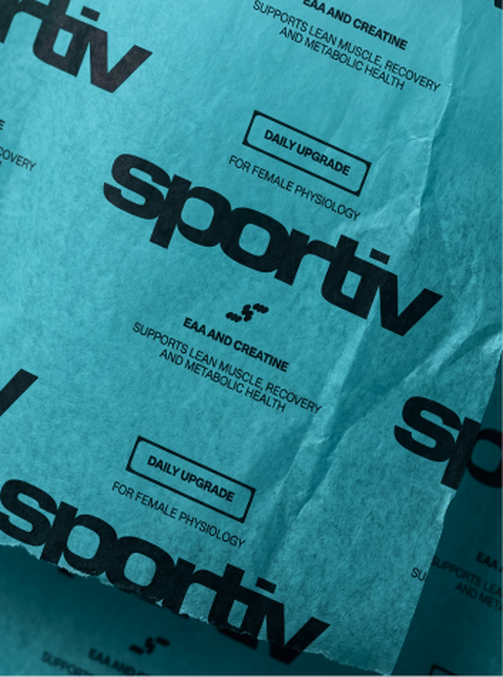 Sportiv identity printed across blue textured packaging